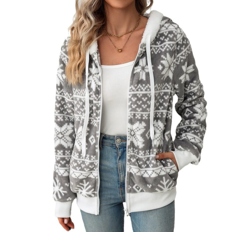 Christmas Printed Plush Hooded Cardigan for Women in Autumn/Winter - Image 5