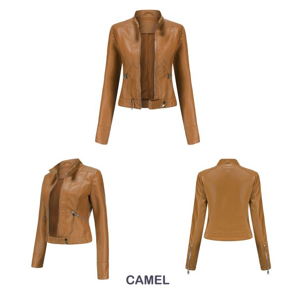 Short Leather Jacket for Women with Stand Collar - Image 8