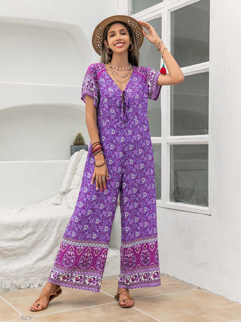 Purple Printed Wide-Leg Short Sleeve Women's Jumpsuit" - Image 4