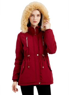 Thick Lambskin Cotton-Padded Coat with Removable Hat for Women