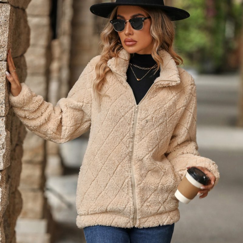 Diamond Plush Zipper Cardigan Coat - Image 3