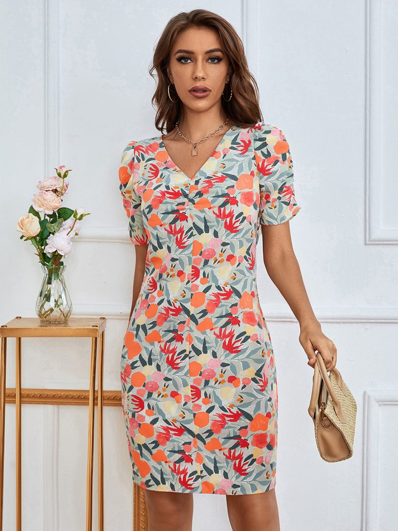 Printed V-Neck Short Sleeve Dress - Image 5