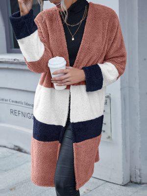 Double Sided Fur Colorblock Mid Length Cardigan Trench Coat