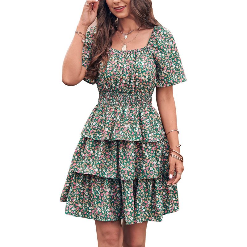 Floral Square Collar Short Sleeve Layered Pleated Dress for Women in Spring/Summer - Image 2