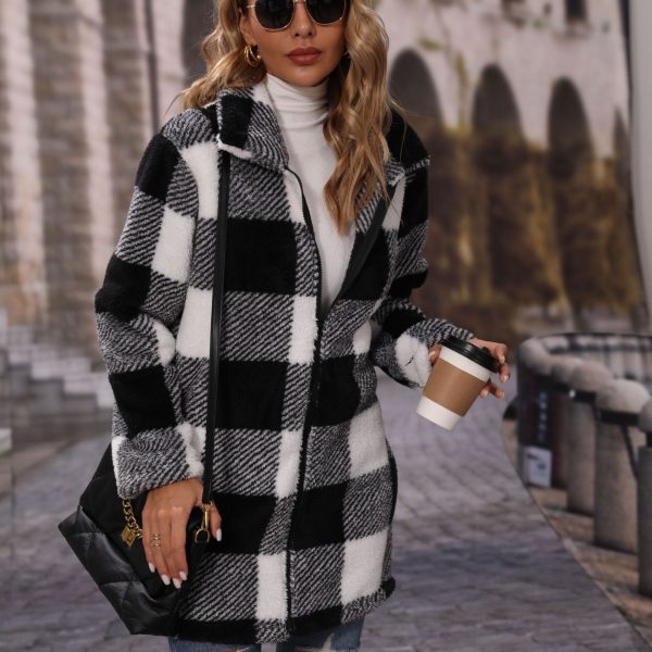 Women's Collared Plaid Zipper Plush Casual Long Coat - Image 2