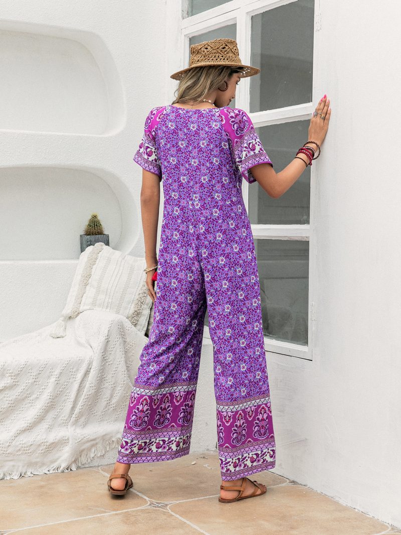 Purple Printed Wide-Leg Short Sleeve Women's Jumpsuit" - Image 5