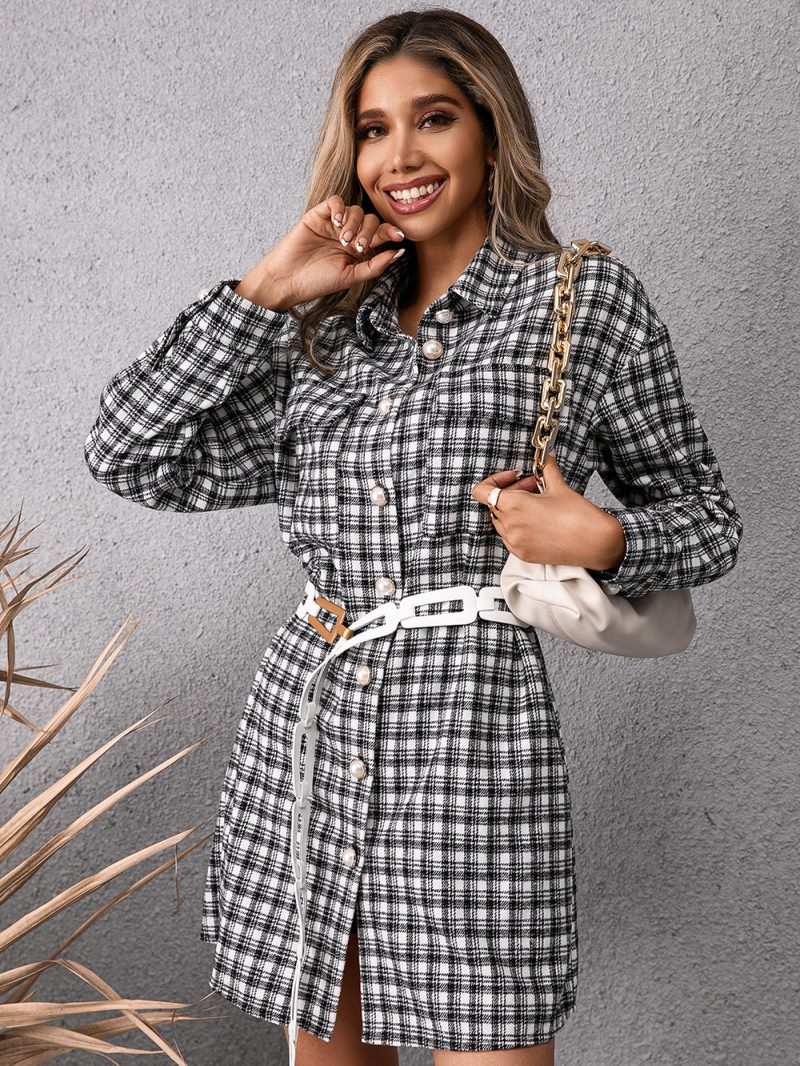 Casual Single Breasted Mid Length Plaid Shacket Shirt Dress - Image 4