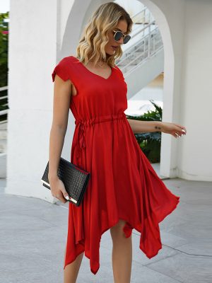 V neck Tight Waist Solid Color Short Sleeve Casual Midi Dress