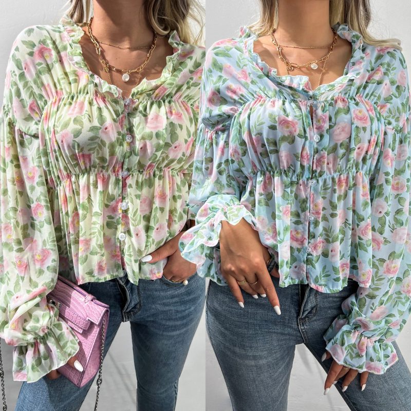 Wooden Ear Charm: Bell Sleeve Floral Chiffon Shirt for Autumn/Winter - Image 5