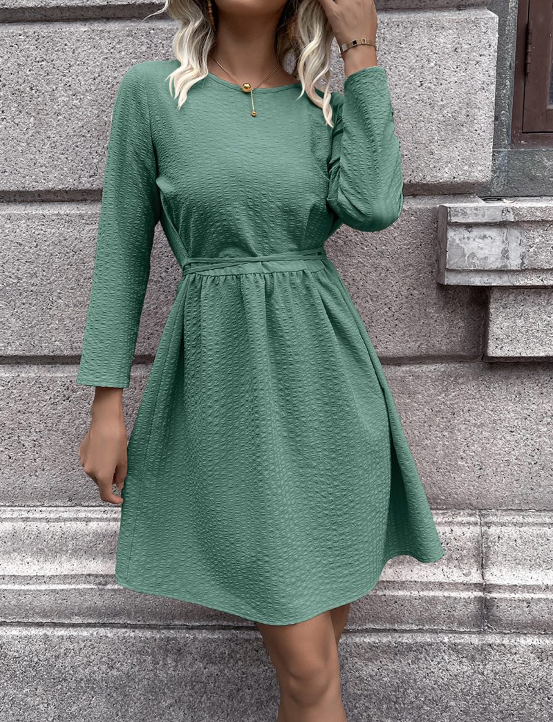 Solid Color Waist-Trimming Long Sleeve Dress - Image 6