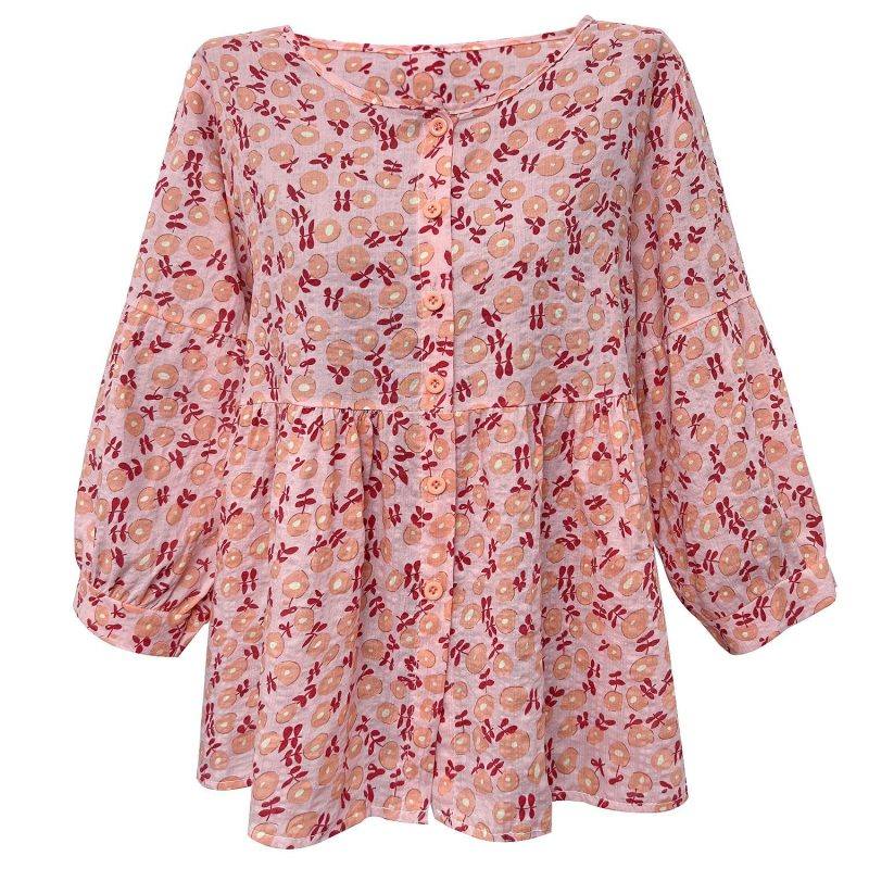 Floral Cotton Linen Shirt with Three-Quarter Sleeves - Image 4