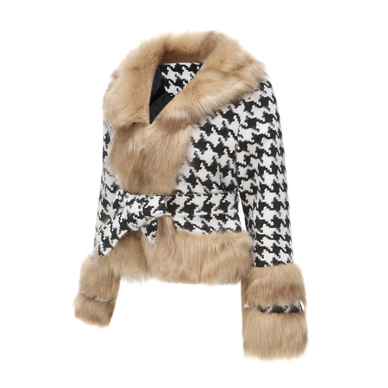 Women's Detachable Fur Collar Houndstooth Coat - Image 6