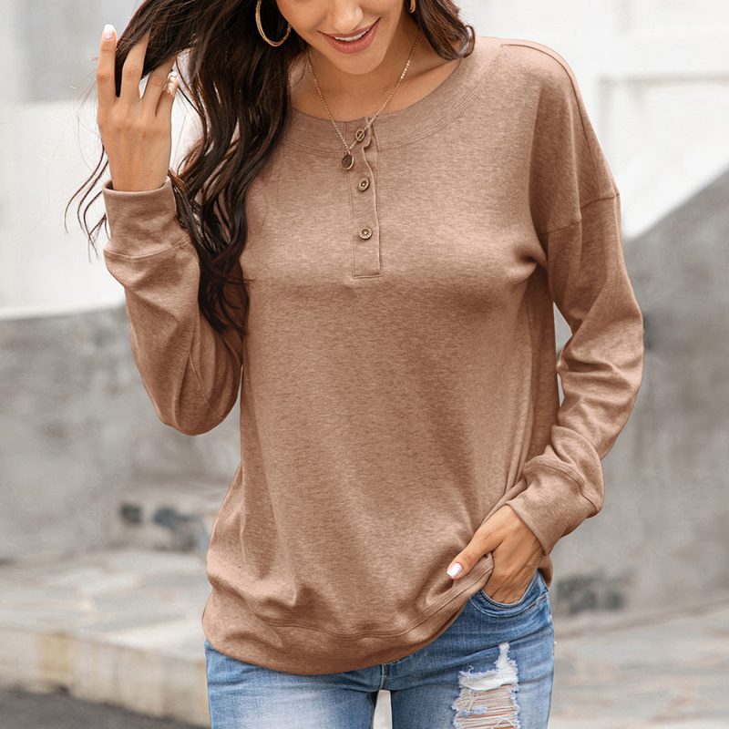 Winter Round Neck Long Sleeve Button T-Shirt - Image 2