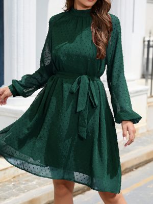 Long Sleeve Chiffon Swiss Dot Mid-Length Dress with Belt