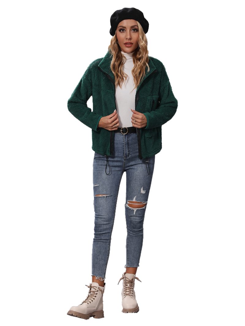 Women's Round Neck Adjustable Rope Zipper Plush Casual Jacket - Image 5