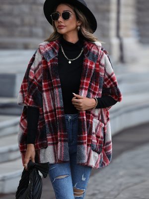 Hooded Half-Sleeve Scottish Plaid Plush Coat for Women