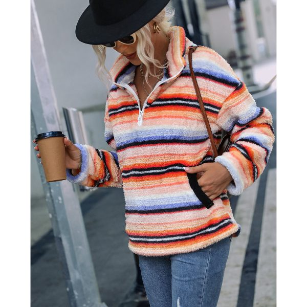 Mid-Length Collared Striped Plush Pullover - Image 3