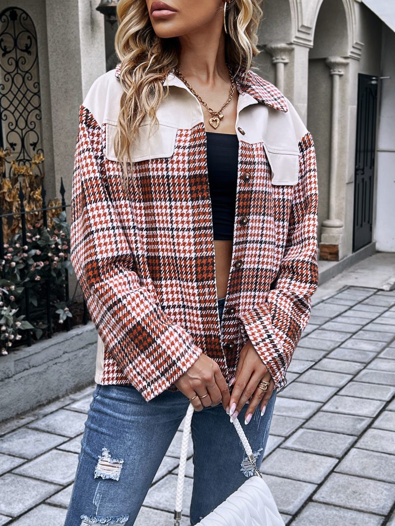 Plaid Single-Breasted Jacket Coat with Leather Stitching - Image 4