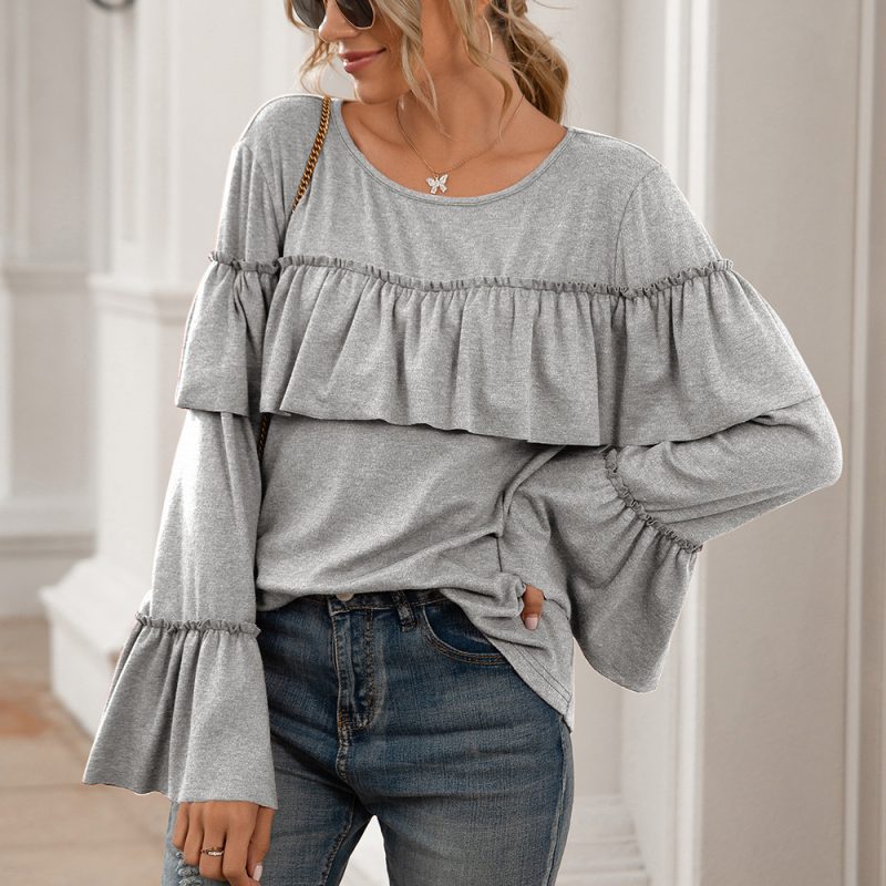 Summer Ruffled Stitching Long Sleeve Mid-Length T-Shirt - Image 2