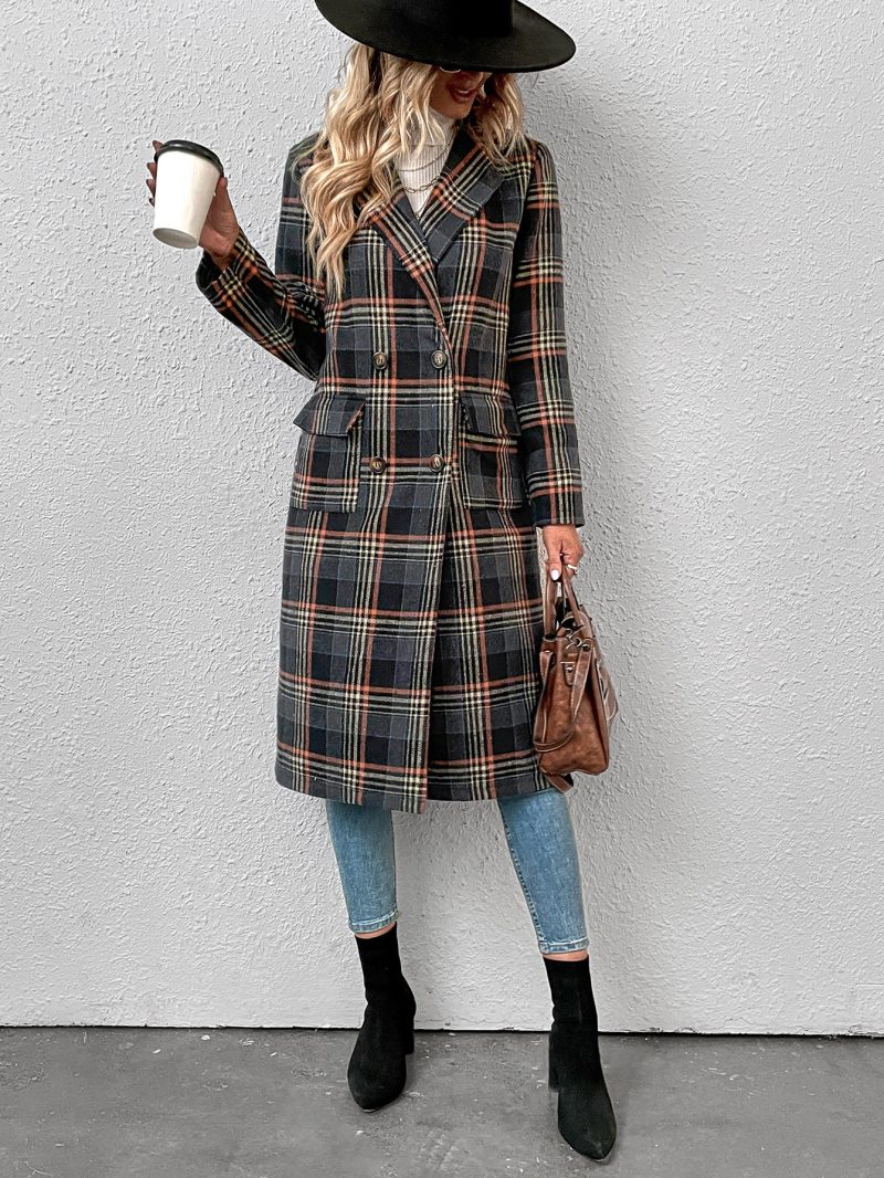 Trendy Single-Breasted Plaid Wool Coat - Image 2