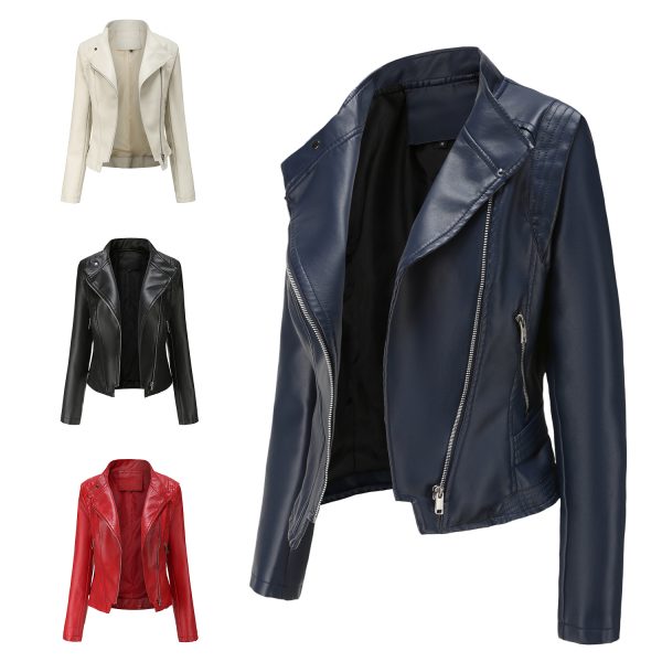 Slim-Fit Faux Leather Collared Coat for Women - Image 4