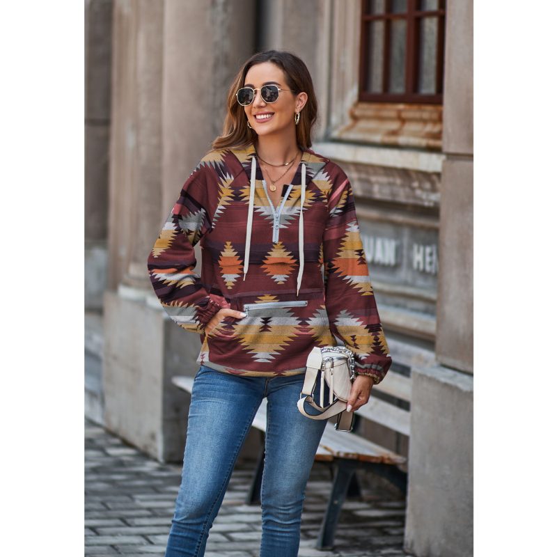 Aztec Half-Zip Casual Long Sleeve Hooded Pullover Sweater for Women - Image 4