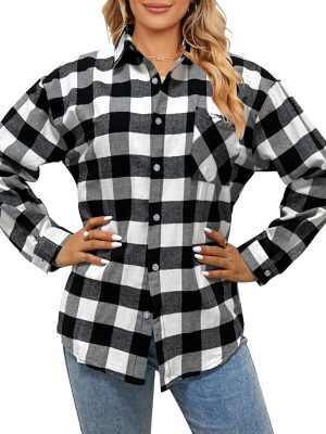 Single-Breasted Long Sleeve Shirt with Polo Collar for Women