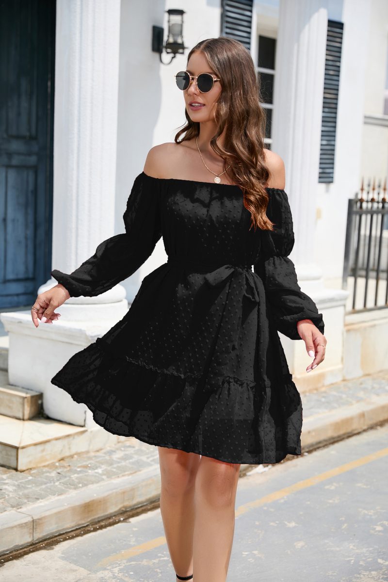 Off-Shoulder Long Sleeve Dress with Fur Ball Details and Belt - Image 7