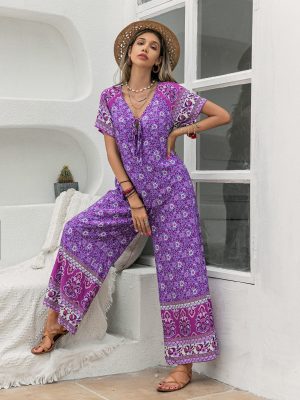 Purple Printed Wide-Leg Short Sleeve Women’s Jumpsuit”