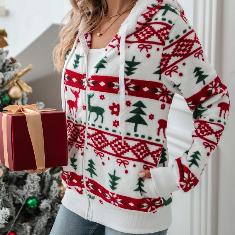 Long-Sleeved Christmas Printed Plush Cardigan for Women in Autumn/Winter - Image 2