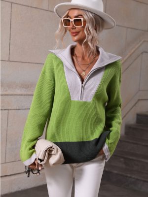 Zipper Color Matching Knit Pullover