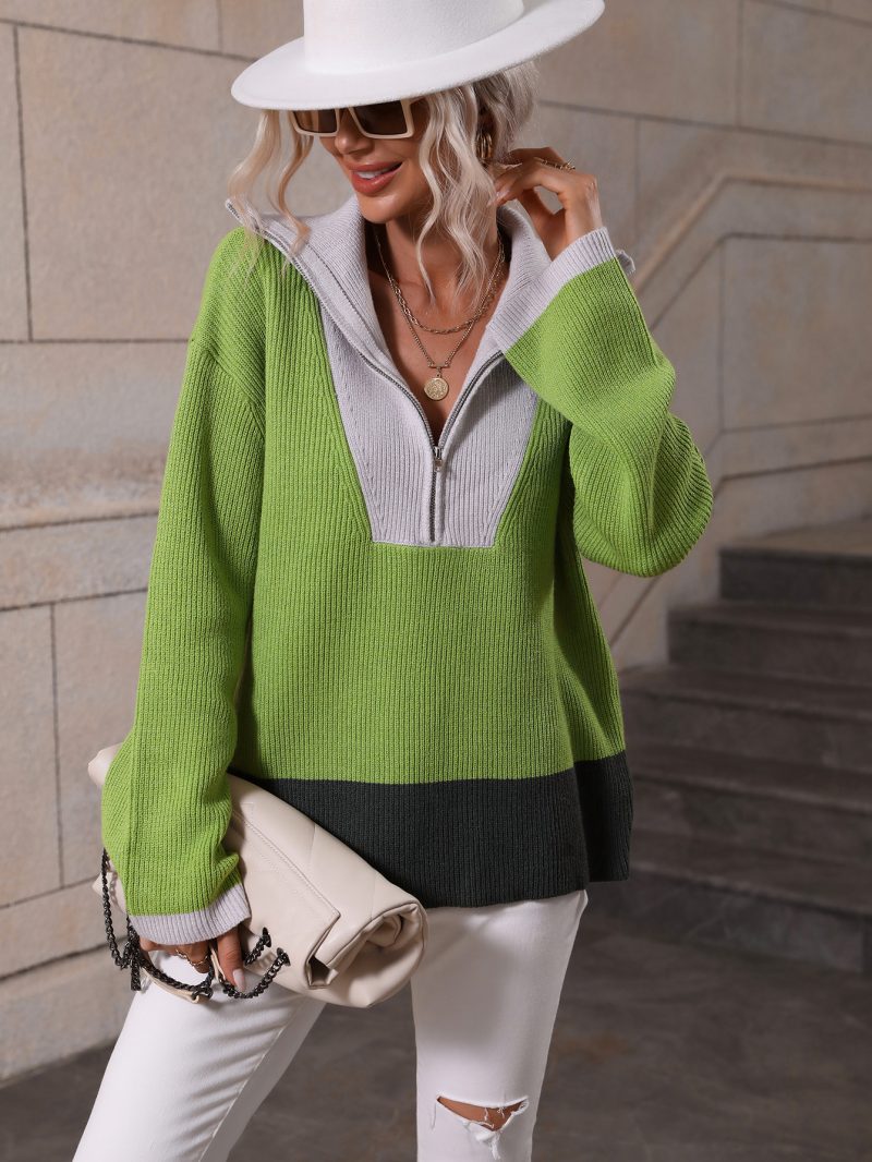 Zipper Color Matching Knit Pullover - Image 2