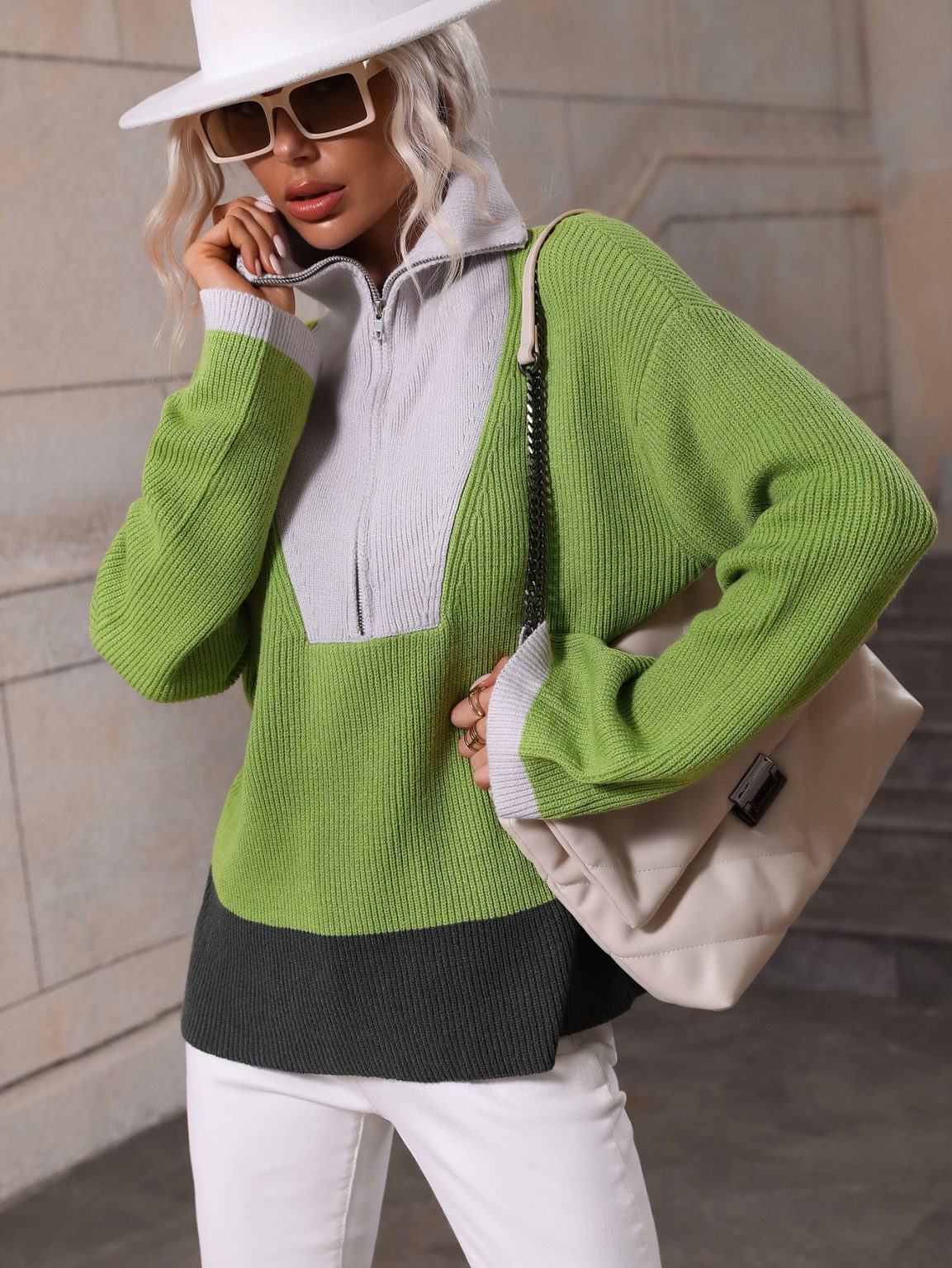 Zipper Color Matching Knit Pullover - Image 3