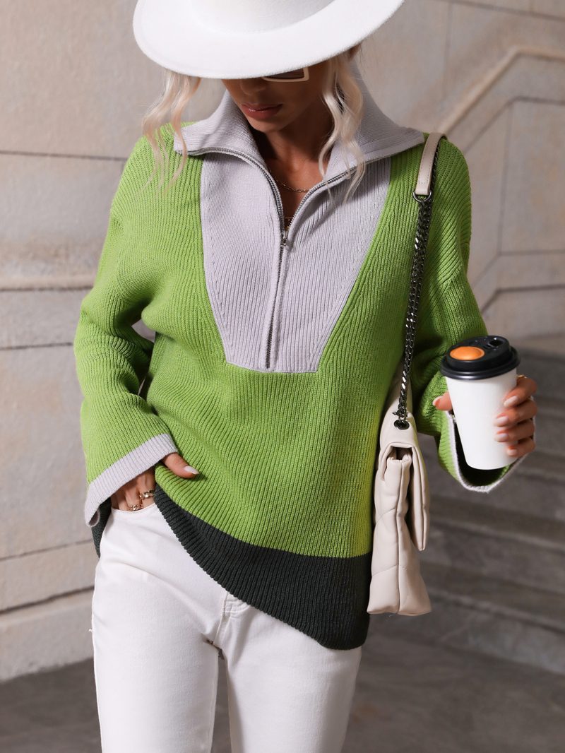 Zipper Color Matching Knit Pullover - Image 8