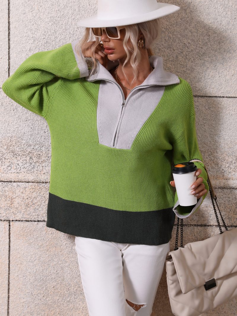 Zipper Color Matching Knit Pullover - Image 10