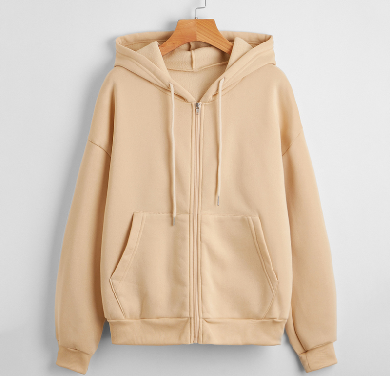 Fleece-Lined Solid Color Zipper Hoodie - Image 4