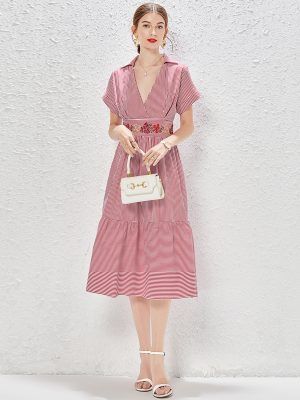 Embroidery Stripe Tiered Midi Dress