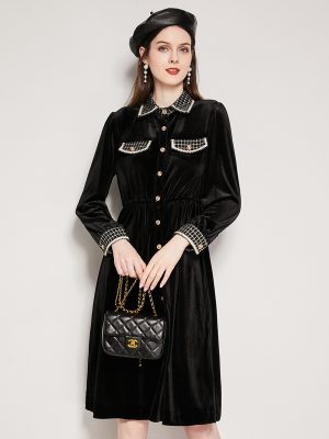 Elegant Black Velvet A-Line Shirt Dress