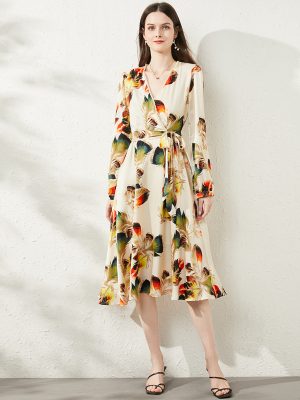 Daily V-Neck Belted Printed Wrap Dress