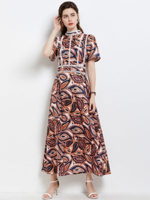 Retro Printed Short Sleeve Large Waist Dress