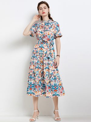 Summer Floral A-Line Maxi Dress with Belt