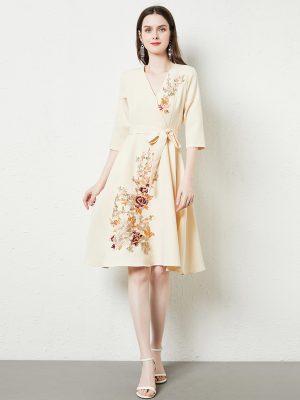 Formal V-Neck Tie Embroidered Wrap Dress