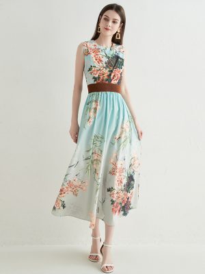 Elegant Belted Floral Ombre Maxi Dress