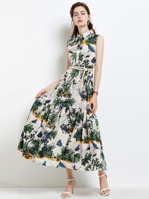 Lapel Print Belt Sleeveless Maxi Dress