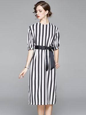 French Vintage Black White Striped Dress