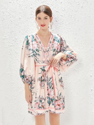 Lantern Sleeve V-Neck Print Dress | Spring, Summer, Autumn