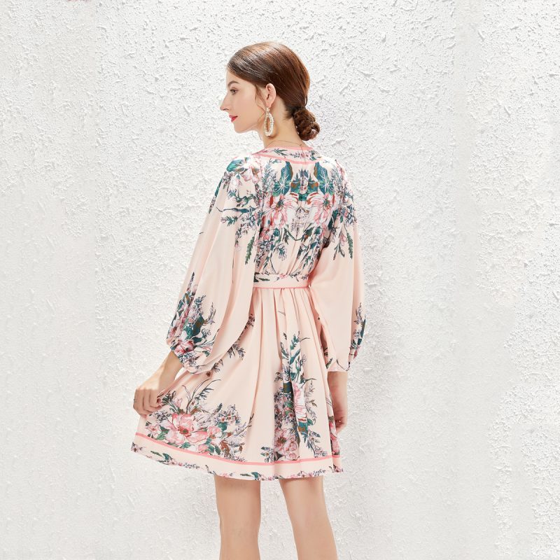 Lantern Sleeve V-Neck Print Dress | Spring, Summer, Autumn - Image 4