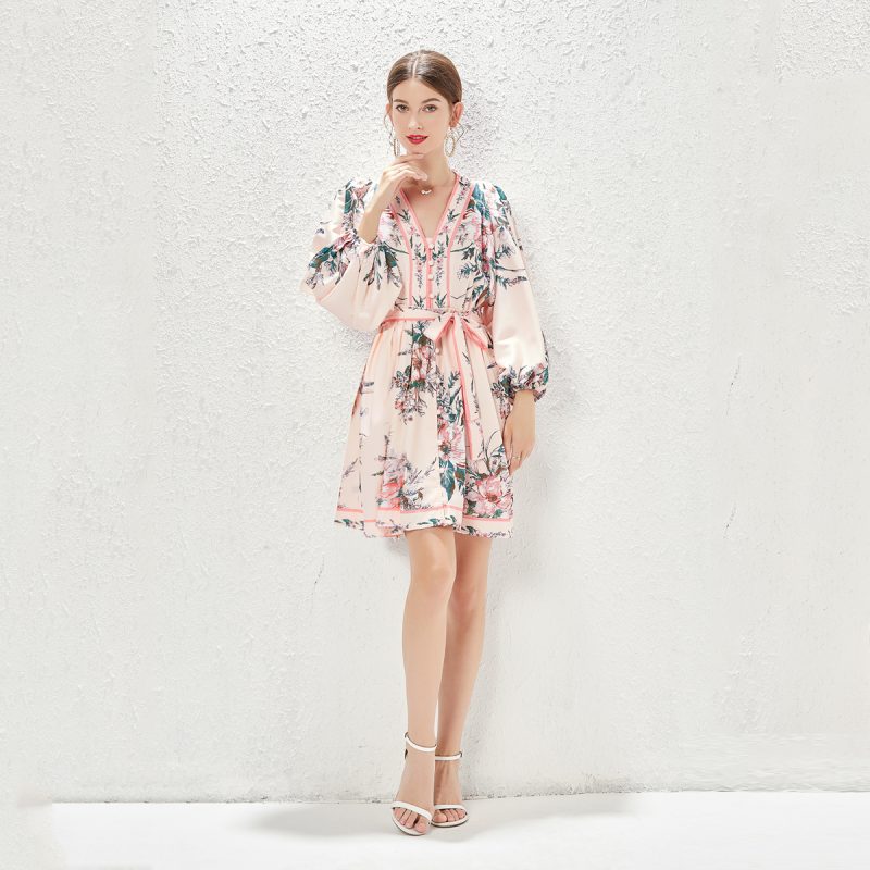 Lantern Sleeve V-Neck Print Dress | Spring, Summer, Autumn - Image 6