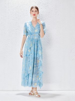 New V-neck Diamond Button Long Dress | Ruffled Waist