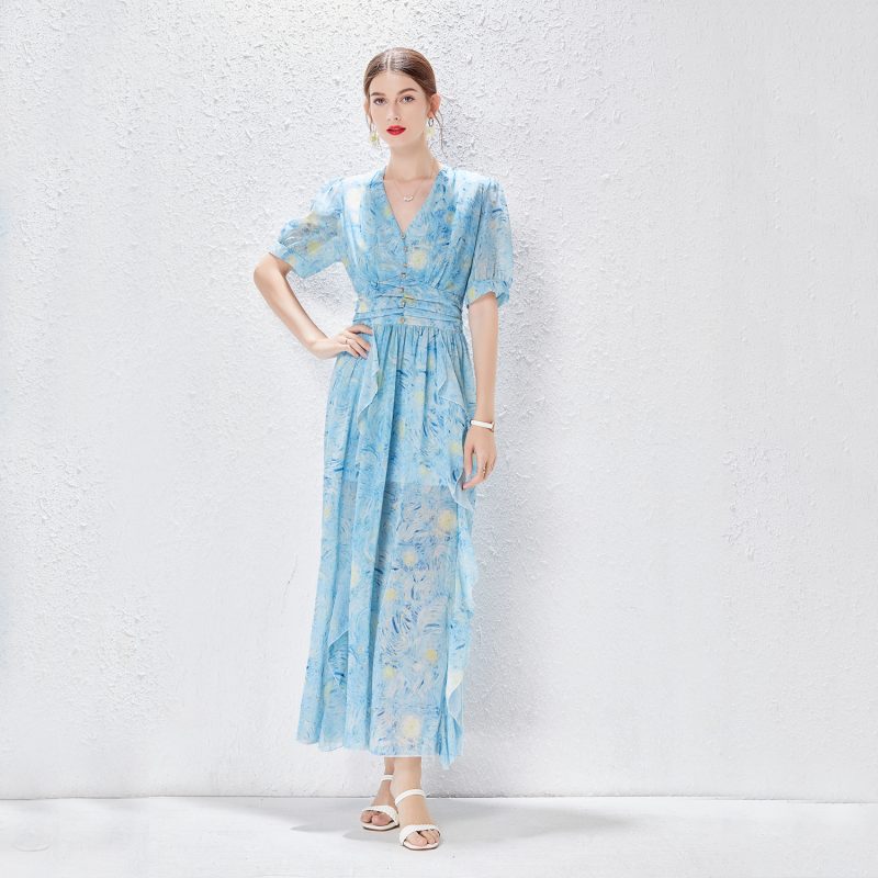 New V-neck Diamond Button Long Dress | Ruffled Waist - Image 2